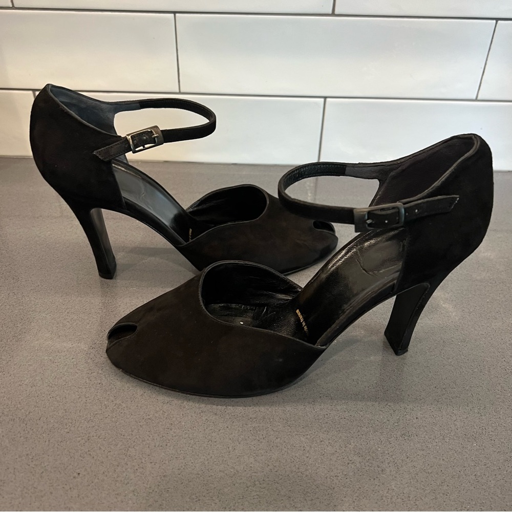 Robert Clergerie black suede peep toe ankle straps pumps size 10B